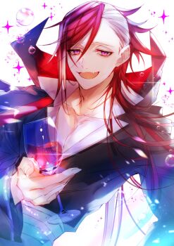 Rule 34 | 1boy, absurdres, cookie run, cup, cupping glass, drinking glass, fangs, hair over one eye, highres, humanization, long hair, looking at viewer, male focus, mosuchippu-ou, open mouth, purple eyes, red hair, shirt, short hair, simple background, smile, solo, teeth, vampire cookie, white background