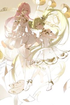 2girls armlet asymmetrical_legwear bare_shoulders blue_eyes bracelet breasts collarbone dahuoshaoshan dress frilled_dress frills gold_armlet gold_bracelet gramophone_luka gramophone_miku green_eyes green_hair hair_between_eyes hatsune_miku highres jewelry long_hair looking_at_another looking_at_viewer medium_breasts megurine_luka multiple_girls musical_note musical_staff official_alternate_costume official_alternate_hairstyle pink_hair short_dress single_thighhigh small_breasts strapless strapless_dress thighhighs tutu twintails very_long_hair vocaloid white_dress white_thighhighs