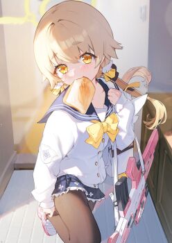 Rule 34 | 1girl, absurdres, adjusting clothes, adjusting shoe, black pantyhose, blonde hair, blue archive, blurry, blurry background, blush, bow, bread, bread slice, commentary request, cowboy shot, food, gun, halo, hifumi (blue archive), highres, kokko (kokko3045), long hair, long sleeves, looking at viewer, mouth hold, pantyhose, school uniform, weapon, yellow bow, yellow eyes, yellow halo
