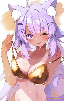 1girl ;p absurdres ahoge animal_ears arm_behind_back bikini blunt_bangs breasts cat_ears cat_girl cat_tail cleavage commentary_request gold_bikini hand_up highres hololive large_breasts long_hair looking_at_viewer navel nekomata_okayu one_eye_closed poruporupriiin purple_eyes purple_hair solo stomach strap_lift strap_slip swimsuit tail tan tanline tongue tongue_out very_long_hair virtual_youtuber