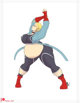 1girl arms_up ass big_belly blonde_hair blue_eyes boots breasts cammy_white capcom choker curvy female_focus fingerless_gloves full_body gloves highres huge_ass huge_breasts lips looking_at_viewer m-a-v-e-r-i-c-k navel short_hair solo street_fighter street_fighter_6 thick_thighs thighs wide_hips