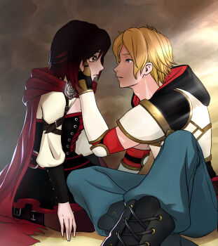 1boy 1girl absurdres armor black_dress black_footwear black_hoodie blonde_hair blue_eyes blue_pants boots cleavage_cutout clothing_cutout commentary dress english_commentary gauntlets grey_eyes hand_on_another's_cheek hand_on_another's_face hetero highres hood hoodie jaune_arc long_sleeves looking_at_another niakild pants red_hair red_hood ruby_rose rwby short_hair