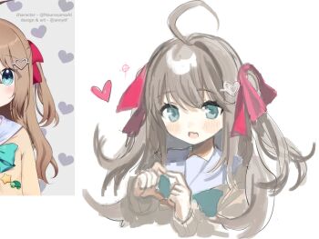 1984_(cw1000110) 1girl ahoge blush_stickers bow bowtie brown_cardigan brown_hair cardigan fang green_bow green_bowtie green_eyes hair_ornament hair_ribbon hashtag-only_commentary heart heart_hair_ornament heart_hands highres long_hair long_sleeves neuro-sama open_mouth red_ribbon reference_inset ribbon sailor_collar simple_background skin_fang solo tareme two_side_up vedal_ai white_background white_sailor_collar