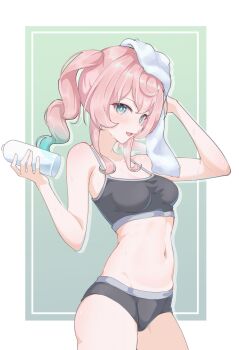 aqua_bow aqua_eyes aqua_hair black_sports_bra black_sports_panties bottle bow breasts drill_hair highres holding holding_bottle honkai:_star_rail honkai_(series) hyacine_(honkai:_star_rail) iicecall pink_hair small_breasts sports_bra sports_panties twin_drills