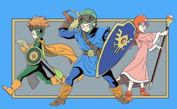 1girl 2boys aviator_cap aviator_goggles belt_pouch blue_eyes blue_tunic bodysuit boots cape commentary_request dragon_quest dragon_quest_ii dress frown green_bodysuit green_tabard hat highres holding holding_map holding_shield holding_staff holding_sword holding_weapon lee_(dragon_garou) long_dress map multiple_boys official_style open_mouth orange_boots orange_cape orange_hair pink_hair pouch prince_of_lorasia prince_of_samantoria princess_of_moonbrook purple_hair reading red_hat red_shoes serious shield shoes staff sword tabard tunic weapon