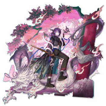 1girl albino animal architecture arknights armored_gloves belt black_boots black_coat black_jacket black_pants blue_belt boots braid broken_pillar chromatic_aberration closed_mouth coat cropped_jacket cropped_shirt demon_girl demon_horns dragon earrings east_asian_architecture eastern_dragon eyeliner fire full_body gloves hair_ornament hair_stick highres holding holding_animal holding_snake holding_sword holding_weapon horns jacket jewelry jian_(weapon) lava_(arknights) lava_the_purgatory_(arknights) lava_the_purgatory_(purifying_flame)_(arknights) long_coat looking_down makeup medium_hair mountain multiple_braids navel nenju official_alternate_costume official_art ofuda_earrings open_clothes open_jacket pants pink_sky pointy_ears purple_eyes purple_hair red_eyeliner red_gloves red_shirt seal_script shirt sky snake solo standing stomach sword talisman third-party_source transparent_background tree weapon wide_sleeves xiangyun xiayehongming