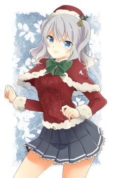 Rule 34 | 10s, 1girl, bad id, bad pixiv id, blue eyes, blush, breasts, capelet, female focus, hat, hiki-wota, kantai collection, kashima (christmas) (kancolle), kashima (kancolle), large breasts, long hair, miniskirt, santa hat, silver hair, skirt, smile, solo, sweater, twintails, wavy hair