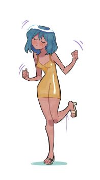 1girl ao_clover artist_self-insert bare_shoulders blue_hair blush bob_cut breasts clenched_hands closed_eyes closed_mouth commentary dancing dress english_commentary eyelashes high_heels highres medium_breasts motion_lines original pumps short_dress short_hair simple_background sleeveless sleeveless_dress smile solo w_arms white_background white_footwear yellow_dress