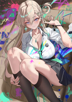 Rule 34 | 1girl, absurdres, bingmang, black nails, black skirt, blonde hair, breasts, commentary request, couch, earrings, green nails, green necktie, highres, jewelry, large breasts, long hair, looking at viewer, lying, lynae (wuthering waves), miniskirt, mole, mole on breast, necktie, on couch, purple eyes, shirt, skirt, smile, solo, star (symbol), star earrings, white shirt, wuthering waves