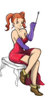 1girl bare_shoulders boots breasts brown_eyes cleavage cosplay crossed_legs dragon_quest dragon_quest_viii drawfag dress earrings elbow_gloves female_focus gloves highres jessica_albert jessica_rabbit jessica_rabbit_(cosplay) jewelry large_breasts legs long_hair long_legs looking_at_viewer name_connection orange_hair sequins simple_background smile solo square_enix telr_(artist) thighs twintails wand white_background who_framed_roger_rabbit