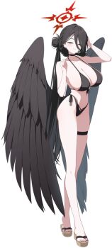1girl bikini black_bikini black_choker black_hair black_wings blue_archive breasts brown_sandals choker closed_eyes collarbone feathered_wings front-tie_bikini_top front-tie_top full_body game_asset gom_(kooskoo) groin hair_between_eyes hair_bun halo hasumi_(blue_archive) hasumi_(swimsuit)_(blue_archive) highleg highleg_bikini highres huge_breasts large_variant_set logo long_hair long_legs nail_polish official_alternate_costume official_alternate_hairstyle official_art ponytail red_halo sandals side-tie_bikini_bottom sideboob smile standing swimsuit tachi-e thigh_strap thighs third-party_source toenail_polish toenails transparent_background triangle_bikini_top variant_set very_long_hair wings