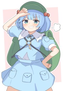 1girl absurdres aqua_eyes backpack bag blue_hair blue_shirt blue_skirt blush border collared_shirt commentary frilled_shirt_collar frills green_bag green_hat hair_bobbles hair_ornament hat haya_s2 highres kawashiro_nitori key looking_at_viewer pink_background pocket puff_of_air shirt short_hair short_sleeves simple_background skirt solo touhou two_side_up white_border