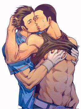 Rule 34 | 2boys, abs, bara, belt, belt buckle, black hair, black tank top, blue pants, blue shirt, blush, buckle, closed eyes, clothes lift, corrupted twitter file, facial hair, french kiss, gloves, goatee stubble, highres, iori junpei, kiss, looking at another, male focus, multiple boys, muscular, muscular male, nipples, oldkin, pants, pectoral grab, persona, persona 3, persona 4: the ultimate in mayonaka arena, selfcest, shirt, shirt lift, short hair, simple background, stubble, sweat, tank top, very short hair, white background, white belt, white gloves, yaoi
