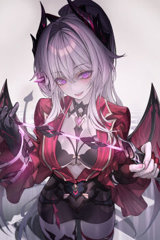 Rule 34 | 1girl, black bra, black gloves, black horns, black skirt, bra, bra peek, breasts, bright pupils, checkered floor, cleavage, collarbone, commentary, cowboy shot, gloves, hair between eyes, hair intakes, hashtag-only commentary, high-waist skirt, highres, holding, holding whip, honkai (series), honkai impact 3rd, horns, jacket, large breasts, long hair, neon (pixiv 31150749), official alternate costume, open mouth, parted lips, purple eyes, red jacket, side horn, sidelocks, simple background, single glove, skirt, smile, solo, tail, teeth, thelema nutriscu, thelema nutriscu (gentle is the night), thighs, underwear, upper body, upper teeth only, very long hair, white background, white hair, white pupils