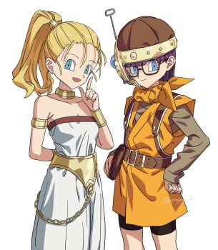 Rule 34 | 2girls, armlet, bag, bare shoulders, bike shorts, black shorts, blonde hair, blue eyes, blunt bangs, breasts, chrono trigger, closed mouth, cowboy shot, glasses, gold armlet, gold choker, grey shirt, hands on own hips, headset, helmet, hosodayo, jewelry, long hair, long sleeves, looking at viewer, lucca ashtear, marle (chrono trigger), medium breasts, multiple girls, neckerchief, open mouth, orange neckerchief, orange tunic, parted bangs, ponytail, purple hair, radio antenna, romper, shirt, short hair, shorts, shoulder bag, simple background, smile, toriyama akira (style), tunic, twitter username, white background, white romper