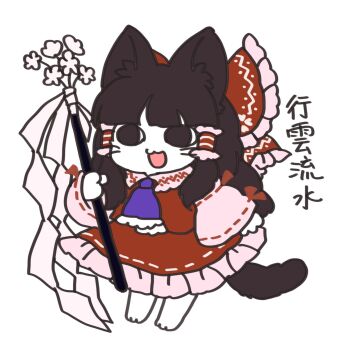 1girl animal_ear_fluff animal_ears animal_hands animification ascot black_eyes blunt_bangs cat_ears cat_girl cat_paws cat_tail flower frilled_skirt frills hair_tubes hakurei_reimu highres holding holding_staff long_sleeves magic_trick mensoreimuremu no_pupils open_mouth purple_ascot red_shirt red_skirt shirt sidelocks simple_background skirt smile solo staff tail thighhighs touhou translation_request whiskers white_background white_trim