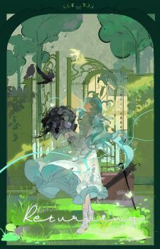 1girl absurdres aqua_hair bird black_bird black_flower bouquet brown_hair chinese_commentary closed_mouth closed_umbrella commentary_request crow dress flower frills from_side full_body gate grass highres holding holding_bouquet long_hair long_sleeves mary_janes original outdoors purple_flower shoes socks solo umbrella white_dress white_shoes white_socks wide_sleeves xixun