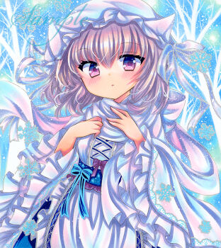 1girl dress hat letty_whiterock looking_at_viewer marker_(medium) mob_cap purple_eyes purple_hair rui_(sugar3) sample_watermark scarf solo touhou traditional_media upper_body watermark white_dress white_hat white_scarf