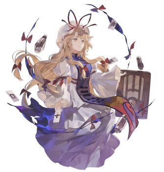 1girl blonde_hair bow breasts card dress gap_(touhou) hair_bow hat hat_ribbon holding holding_card long_dress long_hair long_sleeves looking_up mob_cap purple_tabard radio red_bow red_ribbon ribbon shihou_(g-o-s) sidelocks smile solo tabard touhou transparent_background trigram vacuum_tube white_dress white_hat yakumo_yukari yellow_eyes yin_yang yin_yang_print zener_card
