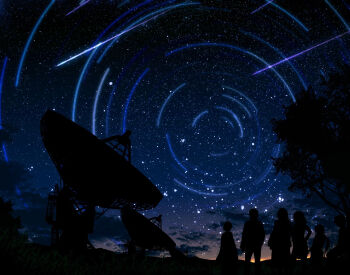2boys 4girls cloud commentary dark dress field grass highres hill horizon kumeki_(kk4615) long_hair meteor_shower multiple_boys multiple_girls night original ponytail satellite_dish scenery shooting_star short_hair silhouette sitting sky star_(sky) star_trail starry_sky sunset tree