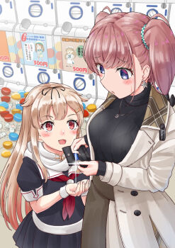Rule 34 | 2girls, atlanta (kancolle), atlanta (mitsukoshi) (kancolle), batsubyou, black ribbon, black serafuku, black skirt, blonde hair, blush, breasts, brown hair, clothes writing, coat, coin purse, earrings, error musume, fairy (kancolle), fingernails, gashapon, gashapon machine, grey eyes, hair flaps, hair ornament, hair ribbon, hairclip, jewelry, kantai collection, large breasts, long hair, long sleeves, mayura (lucadia), multiple girls, neckerchief, necklace, open mouth, pleated skirt, red eyes, red neckerchief, ribbon, scarf, school uniform, serafuku, short sleeves, skirt, smile, star (symbol), star earrings, two side up, white coat, white scarf, yuudachi (kancolle)