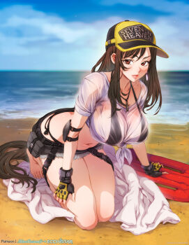 Rule 34 | 1girl, artist collaboration, artist name, barefoot, baseball cap, beach, bikini, bikini under clothes, black bikini, black gloves, black hair, blue sky, breasts, brown eyes, cloud, cloudy sky, crop top, curvy, day, denim, denim skirt, earrings, elbow pads, final fantasy, final fantasy vii, final fantasy vii: ever crisis, fingerless gloves, frayed clothes, frayed skirt, front-tie top, full body, gloves, grey skirt, hand on own thigh, hat, highleg, highleg bikini, horizon, jewelry, kneeling, large breasts, lifeguard, long hair, looking at viewer, low-tied long hair, midriff, mina cream, navel, ocean, official alternate costume, outdoors, parted lips, sand, see-through clothes, see-through shirt, shirt, short sleeves, side-tie bikini bottom, single earring, skirt, sky, solo, surfboard, swimsuit, teardrop earrings, thighs, tied shirt, tifa lockhart, tifa lockhart (lifeguard), two-tone headwear, water, wet, wet clothes, wet shirt, whistle, whistle around neck, white shirt