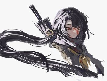 1girl asymmetrical_bangs black_hair blood blood_on_face blunt_ends closed_mouth expressionless floating_hair highres hongyuan_(identity)_(project_moon) limbus_company long_hair munh422 project_moon red_eyes ryoshu_(project_moon) simple_background solo upper_body weapon weapon_on_back white_background