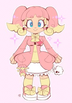 Rule 34 | 1girl, :>, audino, blonde hair, blue eyes, blunt bangs, bow, breasts, closed mouth, commentary, earrings, eyelashes, footwear bow, full body, gen 5 pokemon, highres, humanization, jacket, jewelry, long sleeves, medium hair, milka (milk4ppl), multicolored hair, nintendo, open clothes, open jacket, outline, pink hair, pink jacket, pink shoes, pokemon, shirt, shoes, sidelocks, signature, skirt, smile, socks, solo, sparkle, standing, straight-on, two-tone hair, white outline, white skirt, yellow bow, yellow shirt, yellow socks