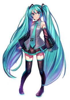 Rule 34 | 1girl, aqua eyes, aqua hair, aqua nails, aqua necktie, aqua trim, arm tattoo, bare shoulders, black sleeves, boots, breasts, collared shirt, commentary request, detached sleeves, full body, grey shirt, hair between eyes, hair ornament, hatsune miku, headphones, highres, kuro (ning2763), long hair, long sleeves, medium breasts, miniskirt, necktie, number tattoo, pleated skirt, shirt, simple background, skirt, sleeveless, sleeveless shirt, sleeves past wrists, solo, standing, tattoo, thigh boots, thighhighs, twintails, very long hair, vocaloid, vocaloid boxart pose, white background, zettai ryouiki