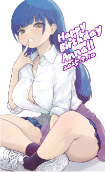 1girl black_hair black_socks blue_skirt boku_no_kokoro_no_yabai_yatsu breasts brown_eyes bursting_breasts button_gap clenched_teeth clothes_around_waist collarbone collared_shirt commentary_request dated english_text finger_to_mouth full_body happy_birthday large_breasts long_hair looking_at_viewer miniskirt no_bra partially_unbuttoned pleated_skirt shirt shoes simple_background sitting skirt sleeves_rolled_up sneakers socks solo teeth thighs tono51044448 white_background white_shirt white_shoes yamada_anna