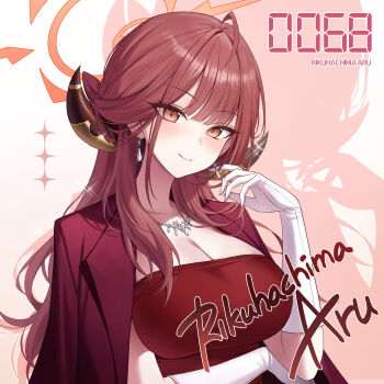 1girl absurdres ahoge aru_(blue_archive) aru_(dress)_(blue_archive) blue_archive blush breasts character_name cleavage coat coat_on_shoulders commentary dated_commentary demon_horns dress earrings gloves halo highres horns jewelry large_breasts looking_at_viewer necklace official_alternate_costume okkimon pink_hair red_coat red_dress smile solo teardrop_earrings upper_body white_gloves