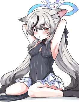 1girl animal_ear_fluff animal_ears armpits arms_behind_head black_dress black_hair black_ribbon black_socks blue_archive blush breasts brown_eyes china_dress chinese_clothes covered_navel dress frilled_skirt frills grey_hair hair_ribbon halo kokona_(blue_archive) long_hair multicolored_hair open_mouth pelvic_curtain pinstripe_pattern ribbon sidelocks sitting skirt sleeveless sleeveless_dress small_breasts socks solo tachikaze_miyako wariza white_background white_skirt
