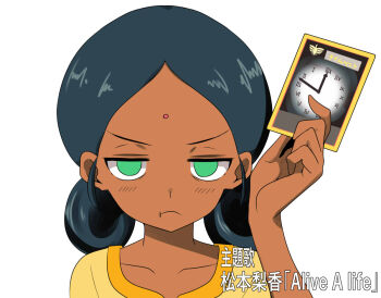 1girl advent_card bindi black_hair card commentary_request crossover dark-skinned_female dark_skin double_bun dress green_eyes gundam gundam_gquuuuuux hair_bun holding holding_card indian kamen_rider kamen_rider_ryuki_(series) lalah_sune looking_at_viewer mobile_suit_gundam nishi_koutarou simple_background tokusatsu translation_request white_background yellow_dress