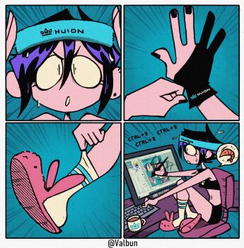 Rule 34 | 1girl, adjusting clothes, adjusting gloves, adjusting legwear, animal slippers, artist glove, black nails, black shorts, black tank top, bunny slippers, chair, coffee mug, collar, comic, commentary, crop top, cup, drawing tablet, ear piercing, earrings, emphasis lines, english commentary, gloves, headband, highres, holding, holding stylus, huion, jewelry, computer keyboard, midriff, motion blur, mug, navel, office chair, original, painttool sai, partially fingerless gloves, piercing, purple hair, recursion, short hair, short shorts, shorts, shrimp, sitting, slippers, socks, solo, spiked collar, spikes, spoken object, stylus, swivel chair, tank top, toon (style), twitter username, valbun, valbun (character), white socks