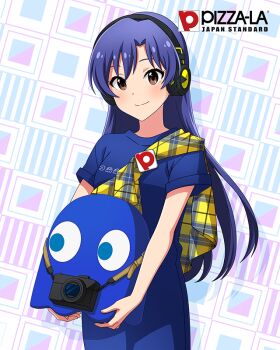 1girl blue_hair blue_shirt brown_eyes camera closed_mouth commentary_request cowboy_shot crossover game_cg headphones holding idolmaster idolmaster_(classic) idolmaster_million_live! idolmaster_million_live!_theater_days inky_(pac-man) kisaragi_chihaya long_hair looking_at_viewer official_art pac-man_(game) pizza-la plaid_clothes shirt short_sleeves smile solo standing third-party_source