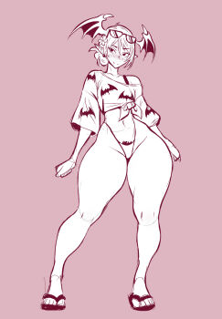 1girl bikini blush breasts celebelian closed_mouth commentary darkstalkers demon_girl demon_wings english_commentary eyewear_on_head female_pubic_hair flip-flops flower full-face_blush full_body groin hair_flower hair_ornament head_wings highres lilith_(darkstalkers) looking_at_viewer medium_breasts pink_background pointy_ears pubic_hair sandals shirt short_hair simple_background sketch smile solo sunglasses swimsuit thick_thighs thighs wide_hips wings