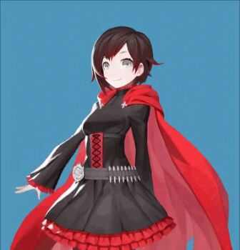>_< 1girl =_= animated animated_gif black_dress black_hair blush cake cape closed_eyes corset dress eating female_focus food grey_eyes happy lowres open_mouth red_cape ruby_rose rwby short_hair skirt solo spoon