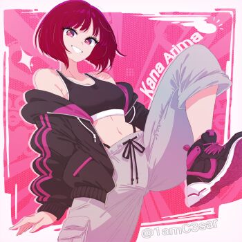 1am_c3sar 1girl absurdres arima_kana black_jacket black_shoes black_sports_bra breasts character_name cleavage commentary english_commentary grey_pants highleg highleg_panties highres jacket medium_breasts navel open_clothes open_jacket open_mouth oshi_no_ko panties pants pink_eyes red_hair shoes short_hair solo sports_bra stomach twitter_username underwear