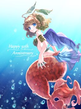 1girl antennae arm_fins armlet bare_shoulders blue_eyes breasts brown_hair bubble commentary_request english_text fins fish_tail flameshe from_side hair_ornament happy_anniversary highres jewelry leaf_bra leaf_hair_ornament legend_of_mana light_rays looking_at_viewer medium_breasts medium_hair mermaid monster_girl nude red_scales seaweed seiken_densetsu smile solo sunbeam sunlight tail torichobi underwater webbed_hands