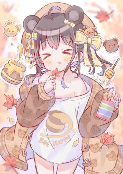 Rule 34 | > <, 1girl, ahoge, animal ears, animal print, artist name, bare shoulders, bear ears, bear girl, bear hair ornament, bear print, black hair, blurry, blurry background, blush, borrowed character, brown hat, brown jacket, buttons, closed eyes, clothes writing, collarbone, commission, cowboy shot, facing viewer, fruitsrabbit, hair between eyes, hair ornament, hair ribbon, hat, highres, holding, holding leaf, honey dipper, honeypot, jacket, koguma yuno, leaf, legs apart, long hair, long sleeves, maple leaf, no pants, open clothes, open jacket, original, outdoors, parted lips, print jacket, print shirt, ribbon, shirt, skeb commission, solo, standing, sun hat, variant set, white shirt, yellow ribbon