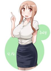 Rule 34 | 1girl, :d, arm behind back, black skirt, blush, breasts, brown eyes, brown hair, cleavage, collarbone, collared shirt, commentary request, cropped legs, dated, green background, hand up, happy, huge breasts, index finger raised, katatsuka kouji, long hair, looking at viewer, matsumoto yoriko, open mouth, pencil skirt, shirt, shirt tucked in, short sleeves, skirt, smile, solo, standing, two-tone background, white background, white shirt, yuyushiki