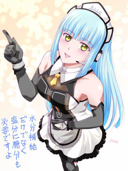 1girl :d apron artist_name bare_shoulders black_gloves blunt_bangs blunt_ends breasts commentary_request detached_collar detached_sleeves dress eiyuu_densetsu gloves gradient_background headset hime_cut index_finger_raised kai_no_kiseki kuro_no_kiseki_(series) long_hair looking_at_viewer maid_apron maid_headdress medium_breasts necktie open_mouth pointing pointing_up puritan_collar risette_twinings short_necktie sidelocks simple_background smile solo translation_request upper_body white_dress xiacheng_tatsuya yellow_background yellow_eyes yellow_necktie