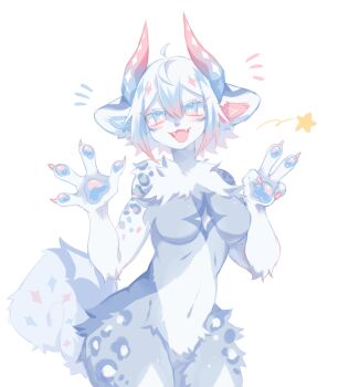 1girl ^^^ animal_ears animal_hands breasts chimereon_(seelmaru) claws commentary completely_nude cowboy_shot cowlick curled_tail fangs fluffy frosty_(neku_boo) furry furry_female highres horns limited_palette looking_at_viewer medium_breasts neku_boo no_nipples no_pussy nose_horn nude open_mouth original pawpads short_hair sidelocks simple_background sketch solo tail v white_background white_hair