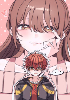 Rule 34 | ..., 1boy, 1girl, 707 (susanghan messenger), :3, black jacket, bokhuis2, brown eyes, brown hair, closed mouth, commentary, cross, cross necklace, crossed bangs, doujinshi cover trope (trend), english commentary, glasses, hand on own face, hashtag-only commentary, head rest, heart, hetero, highres, hood, hooded jacket, jacket, jewelry, long hair, necklace, open clothes, open jacket, outline, pink background, projected inset, protagonist (susanghan messenger), red hair, red shirt, shirt, short hair, smile, spoken ellipsis, susanghan messenger, upper body, white outline, yellow-framed eyewear, yellow eyes