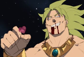 Rule 34 | 1boy, akumatsu (komiplier), aqua gem, blank eyes, blood, blood from mouth, blood on face, bracelet, broly (dragon ball z), clenched hand, commentary, conquest (invincible), dragon ball, dragonball z, earrings, english commentary, gem, gold bracelet, gold earrings, gold necklace, green hair, grin, hand up, heart, heart bubbles, highres, invincible (series), jewelry, legendary super saiyan, long hair, looking at viewer, male focus, muscular, muscular male, necklace, nosebleed, portrait, redrawn, scene reference, smile, space, spiked hair, star (sky), super saiyan, topless male