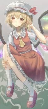 1girl absurdres ascot blonde_hair blush collared_shirt commentary_request crystal crystal_wings flandre_scarlet frilled_shirt_collar frills hat highres looking_at_viewer mary_janes mob_cap multicolored_wings one_side_up open_mouth petarikooo pointy_ears puffy_short_sleeves puffy_sleeves red_eyes red_shoes red_skirt red_vest shirt shoes short_sleeves skirt skirt_set socks solo touhou vest white_hat white_socks wings yellow_ascot