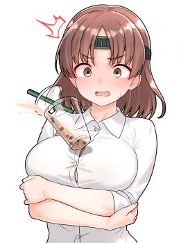 1girl absurdres breasts brown_hair bubble_tea_challenge bubble_tea_challenge_failure chiyoda_(kancolle) collared_shirt commentary_request crossed_arms cup disposable_cup drinking_straw furaggu_(frag_0416) highres kantai_collection large_breasts looking_at_viewer medium_hair notice_lines shirt simple_background sleeves_rolled_up solo upper_body variant_set white_background white_shirt