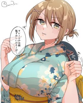 1girl aqua_kimono blue_eyes blush breasts brown_hair hair_ornament hairclip highres japanese_clothes kantai_collection kimono large_breasts looking_at_viewer matsunaga_(haku) maya_(kancolle) obi sash short_hair speech_bubble twitter_username upper_body x_hair_ornament
