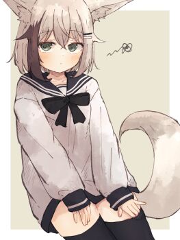 1girl animal_ears black_hair black_sailor_collar black_thighhighs closed_mouth commentary_request fox_ears fox_girl fox_tail green_eyes grey_hair hair_ornament hairclip highres kuon_(meguru_1225) long_sleeves meguru_1225 multicolored_hair no_pants original parallel_hairclips puffy_long_sleeves puffy_sleeves sailor_collar sailor_shirt shirt short_hair simple_background solo tail thighhighs two-tone_hair