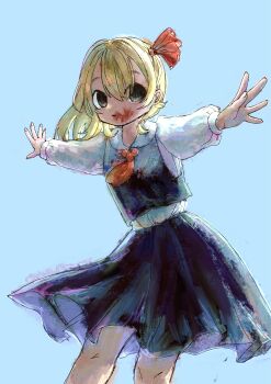 1girl :| ascot black_skirt black_vest blonde_hair blood blood_on_mouth blue_background closed_mouth commentary_request feet_out_of_frame hair_ribbon highres long_sleeves looking_at_viewer medium_hair medium_skirt omaega_chan outstretched_arms red_ascot red_ribbon ribbon rumia shirt simple_background skirt solo spread_arms touhou vest white_shirt yellow_eyes